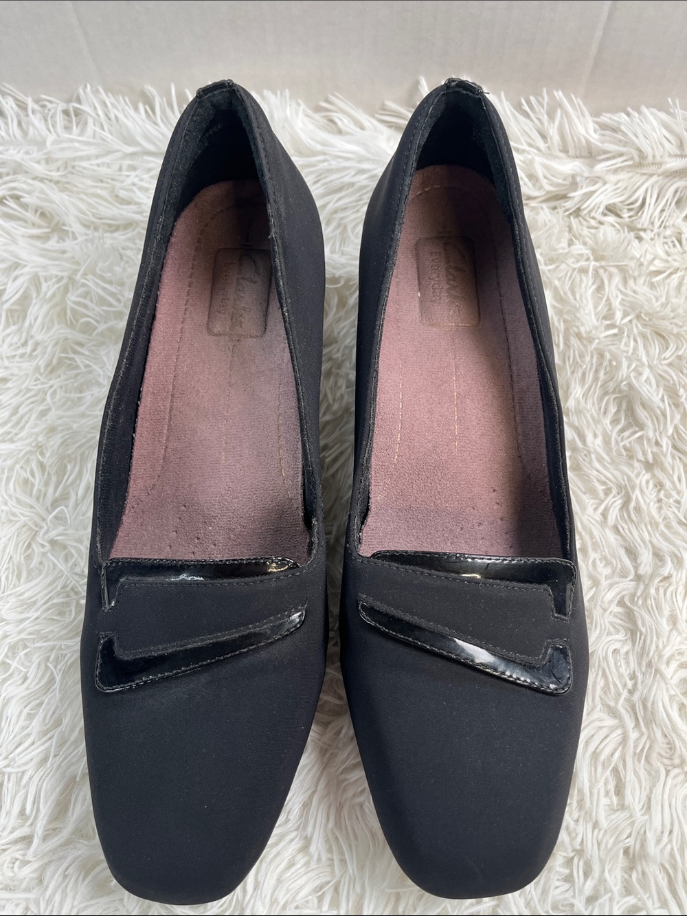 Clarks Black Women's Square-Toe Loafers with Patent Accent